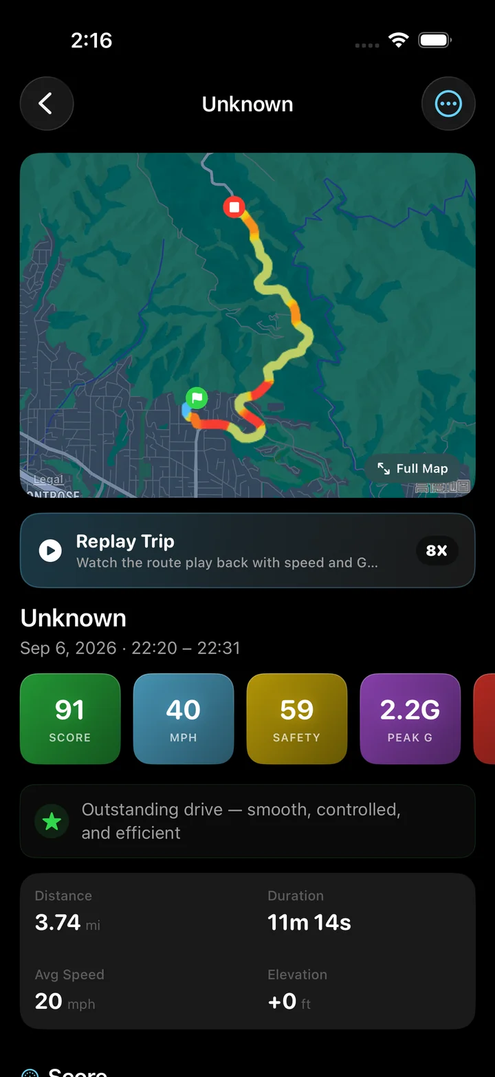 A trip detail in Torq: the drive drawn on a map as a speed heat map from green through yellow to red, a Replay Trip button, and a score of 91 beside 40 mph, safety 59 and a 2.2 G peak.