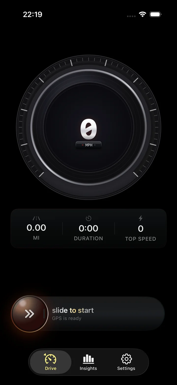 The Torq driving screen before a drive: the gauge at zero, the trip meter at 0.00 miles, and a slide-to-start control reading GPS is ready.