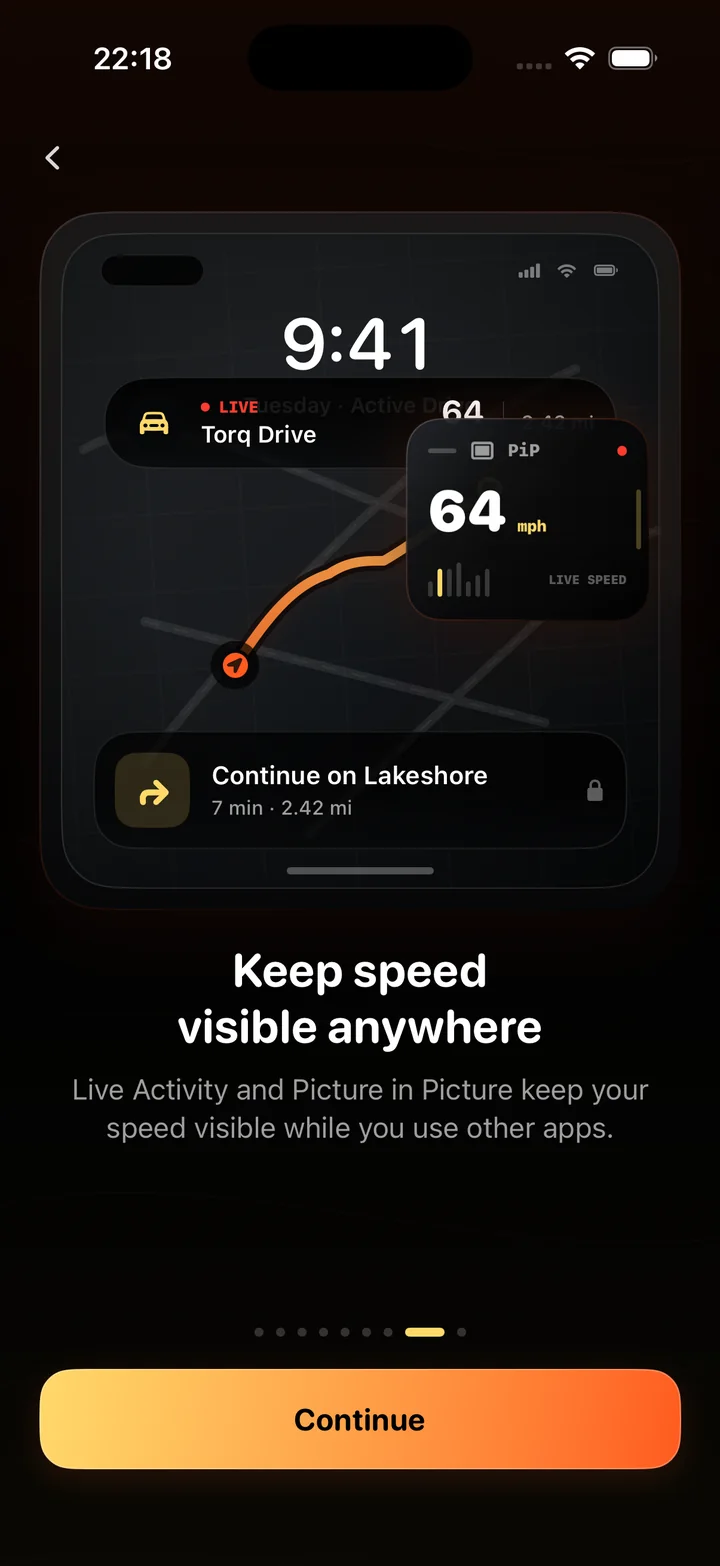Torq's Picture in Picture speed window showing 65 mph floating over a navigation map on the Lock Screen.