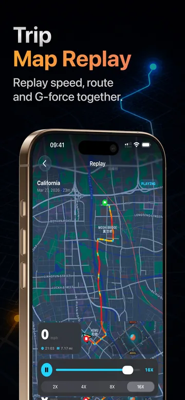 App Store screenshot: a trip replay on a dark map in California, the route drawn as a speed heat map from blue through yellow to red, with a scrubber and 2x, 4x, 8x and 16x playback buttons.