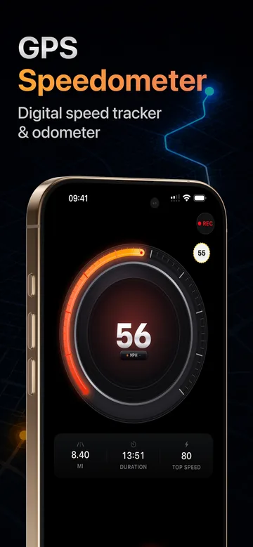 App Store screenshot: the Torq speedometer reading 56 mph with a red recording badge, a 55 speed-limit sign, and 8.40 miles, 13:51 duration and 80 top speed below the gauge.